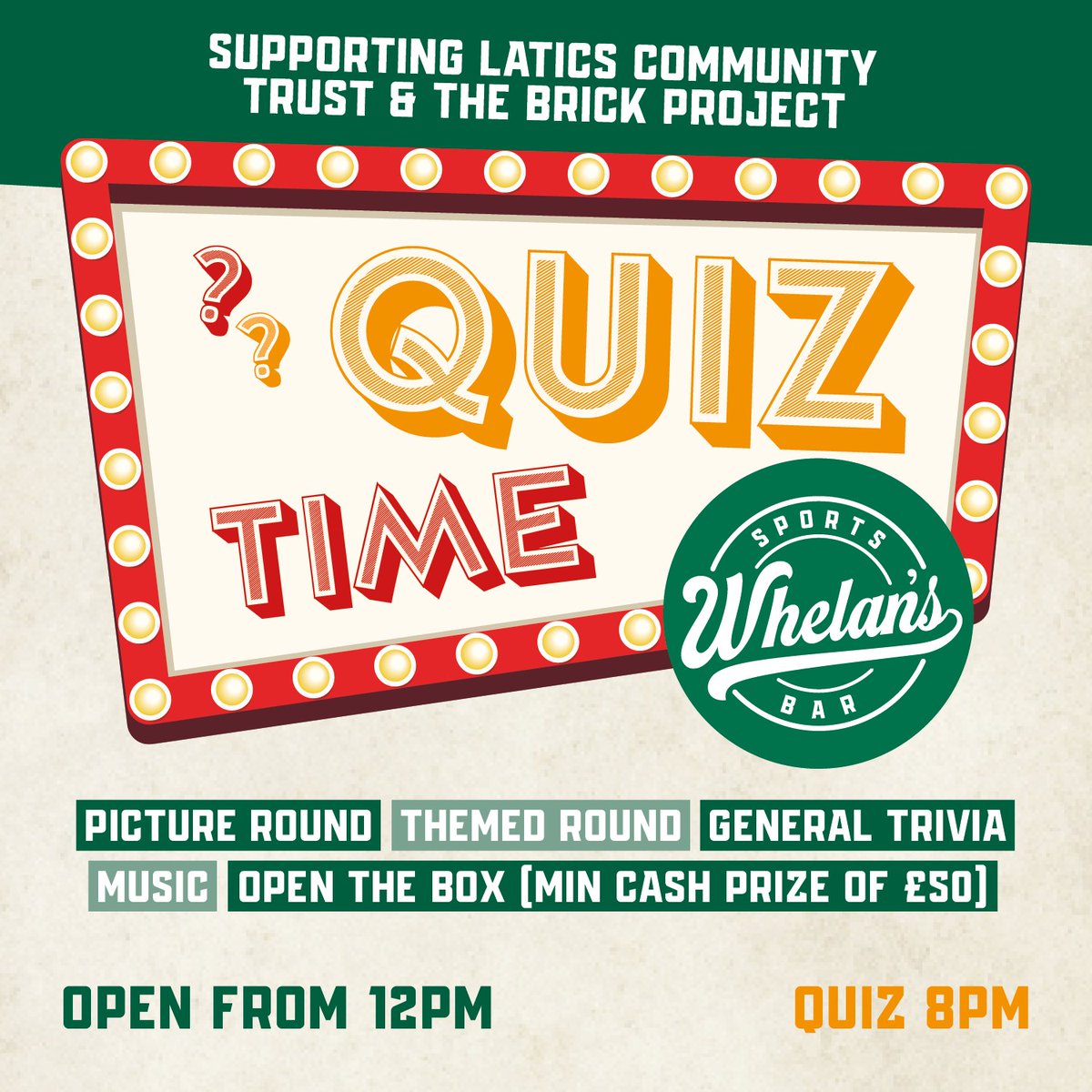 The Brick Community Stadium (@wiganstadium) on Twitter photo Quiz night’s back at Whelan’s this Friday! 🧠🍻
8PM kick-off. 4 rounds, a music round, and proper prizes:
🍔 Meal for 4 + drinks
💰 Open the Box & Bingo cash
Hosted by Barry Worthington 👑
All in support of <a href="/LaticsCommunity/">Wigan Athletic Community Trust</a> & The Brick 💙
#WiganNights #QuizAtWhelans #TheBrick Quiz night’s back at Whelan’s this Friday! 🧠🍻
8PM kick-off. 4 rounds, a music round, and proper prizes:
🍔 Meal for 4 + drinks
💰 Open the Box & Bingo cash
Hosted by Barry Worthington 👑
All in support of <a href="/LaticsCommunity/">Wigan Athletic Community Trust</a> & The Brick 💙
#WiganNights #QuizAtWhelans #TheBrick