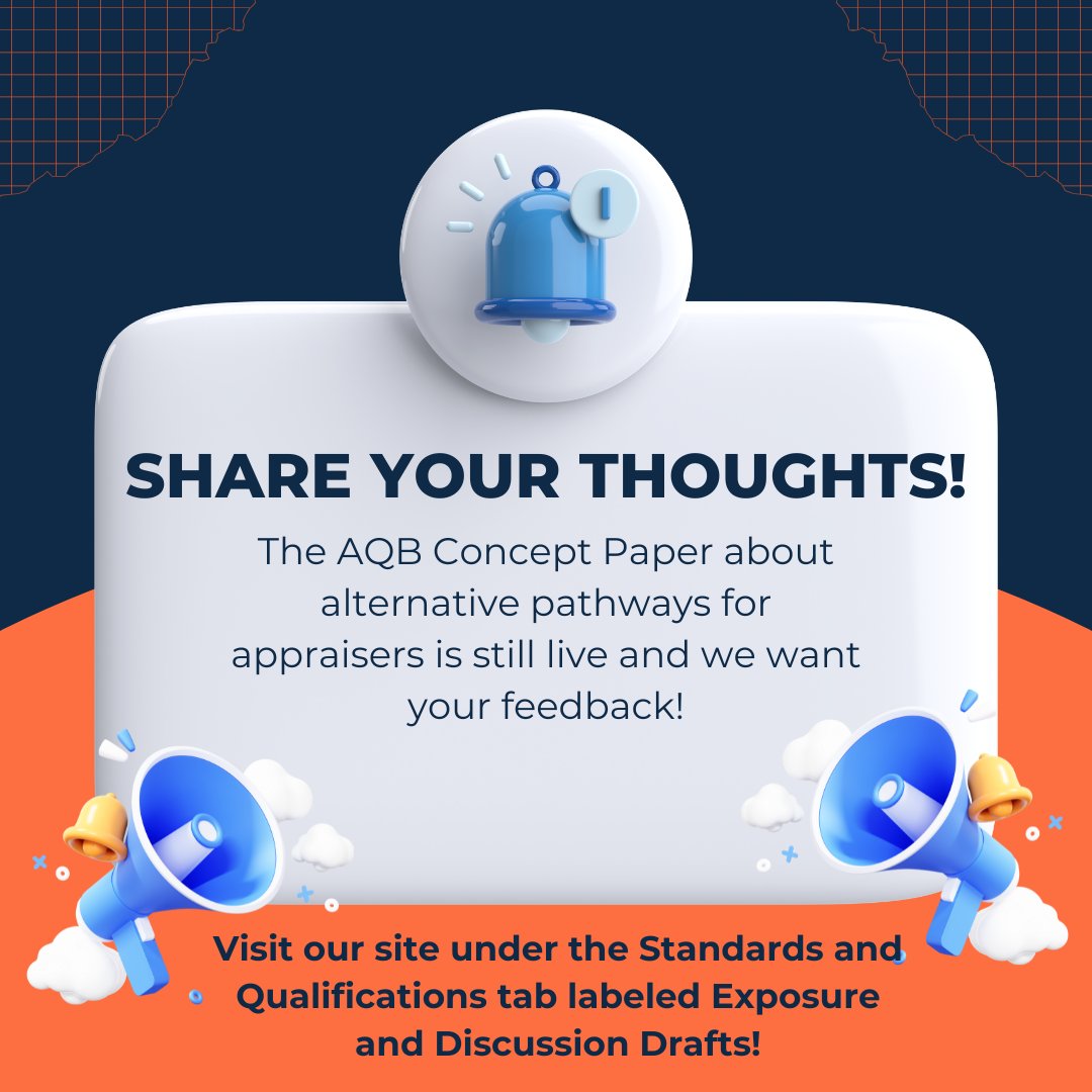 The Appraisal Foundation (@theappraisalfdn) on Twitter photo The AQB has been gathering feedback for a month, but there’s still time to share your thoughts! Should experience in fields like real estate, construction, or finance count toward appraiser qualifications?
ow.ly/kT1e50VjhsF The AQB has been gathering feedback for a month, but there’s still time to share your thoughts! Should experience in fields like real estate, construction, or finance count toward appraiser qualifications?
ow.ly/kT1e50VjhsF