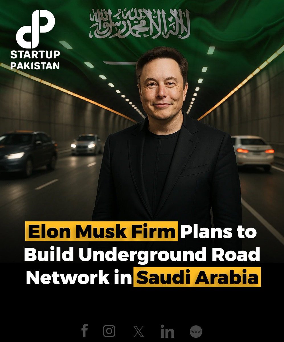 PakStartup's tweet photo. Elon Musk's  Company plans to build an underground road network in Riyadh to ease traffic and support urban growth. The firm will present its proposal to Saudi authorities soon.

#UndergroundNetwork #RiyadhTransport #SmartCity https://t.co/IUE7LHb4d3