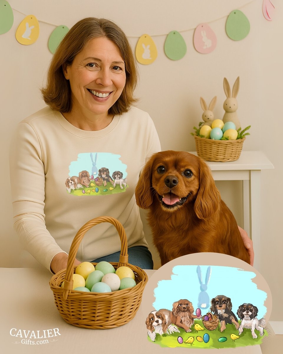 dogtrainer4ever's tweet photo. This Easter design makes me smile every time I see it. 🐣💐 It was created from real-life Cavalier muses and captures that sweet playful spirit we love so much. 🛒
https://t.co/l45n888NHS
#Cavalierrescue #cavalierrescueusa #rubycavalier #cavalierkingcharles https://t.co/3RimiDodsZ