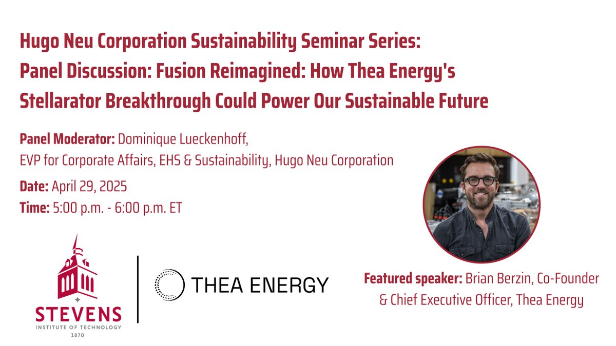 Thea Energy (@theaenergy) on Twitter photo Join co-founder & CEO Brian Berzin at the next Sustainability Seminar Series hosted by <a href="/FollowStevens/">Stevens Institute of Technology</a>. Register for more on how Thea Energy is advancing a #stellarator architecture using planar magnets & dynamic software controls to commercialize #fusion: ow.ly/Hig550VwLXY Join co-founder & CEO Brian Berzin at the next Sustainability Seminar Series hosted by <a href="/FollowStevens/">Stevens Institute of Technology</a>. Register for more on how Thea Energy is advancing a #stellarator architecture using planar magnets & dynamic software controls to commercialize #fusion: ow.ly/Hig550VwLXY