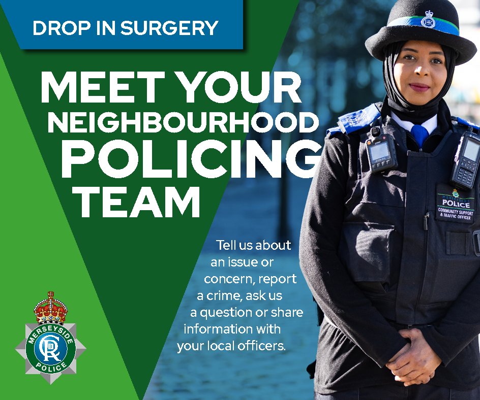 COMMUNITY SURGERY | South Sefton Neighbourhood Team invite you to join our officers at:

📍 Greggs, Crosby Village, L23
🗓️ Monday, 14/04/2025
⏰ 3pm until 4:30pm

Our officers will be available for an informal chat to discuss your community concerns.

#MySefton #CuppaWithACopper