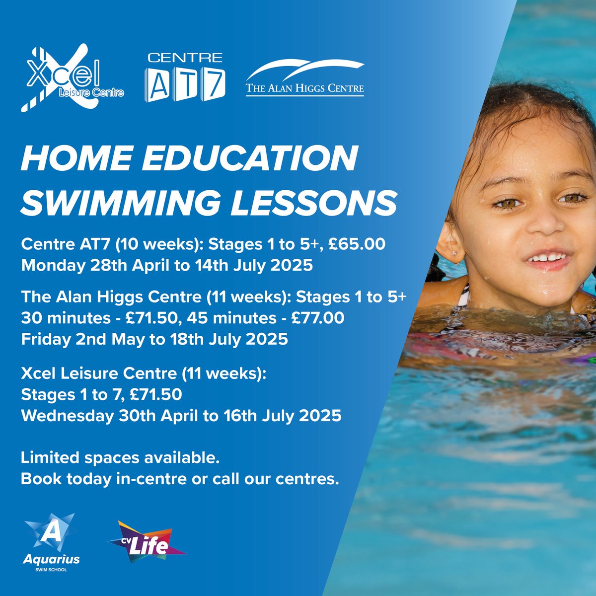 Aquarius Swim School (@cvaquariusswim) on Twitter photo Are you looking to incorporate swimming lessons onto your child’s curriculum? 📚
Available at Centre AT7, Xcel Leisure Centre and the Alan Higgs Centre, we host swimming lessons especially for home educated children.
Find out more and sign up now:
ow.ly/iBI150Vyjnl Are you looking to incorporate swimming lessons onto your child’s curriculum? 📚
Available at Centre AT7, Xcel Leisure Centre and the Alan Higgs Centre, we host swimming lessons especially for home educated children.
Find out more and sign up now:
ow.ly/iBI150Vyjnl