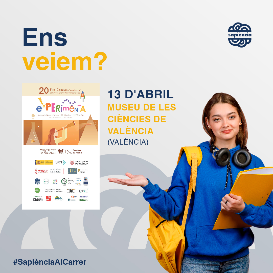 sapienciapremis's tweet photo. ENS VEIEM?

Este diumenge 13 d’abril 📅 de 10:00 a 13:00 h ⏰ al Museu de les Ciències de València 📍  l’equip de Sapiència estarà a la Fira #Experimenta25, un dels nostres ambaixadors.

Gaudeix d’una jornada festiva que celebra la curiositat científica entre els joves.

🧵 1/2 https://t.co/HNhiY4hgm8