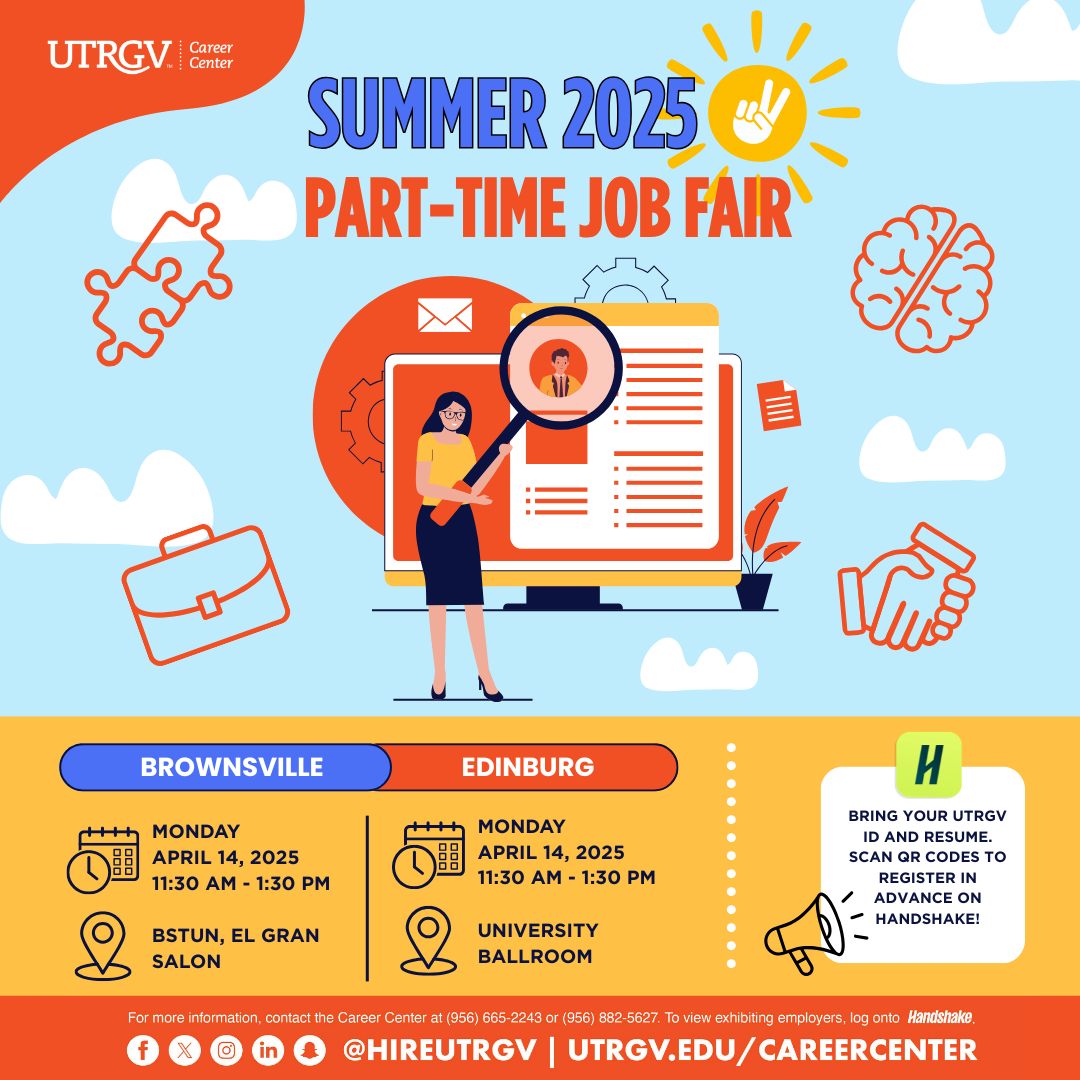 Come by the Office of Field Experience’s table! Will be at University of Texas Rio Grande Valley Career Center’s Summer Job Fair April 14 at the Edinburg University Ballroom and Brownsville BSTUN, El Gran Salon at 11:30 a.m.! #utrgvofe