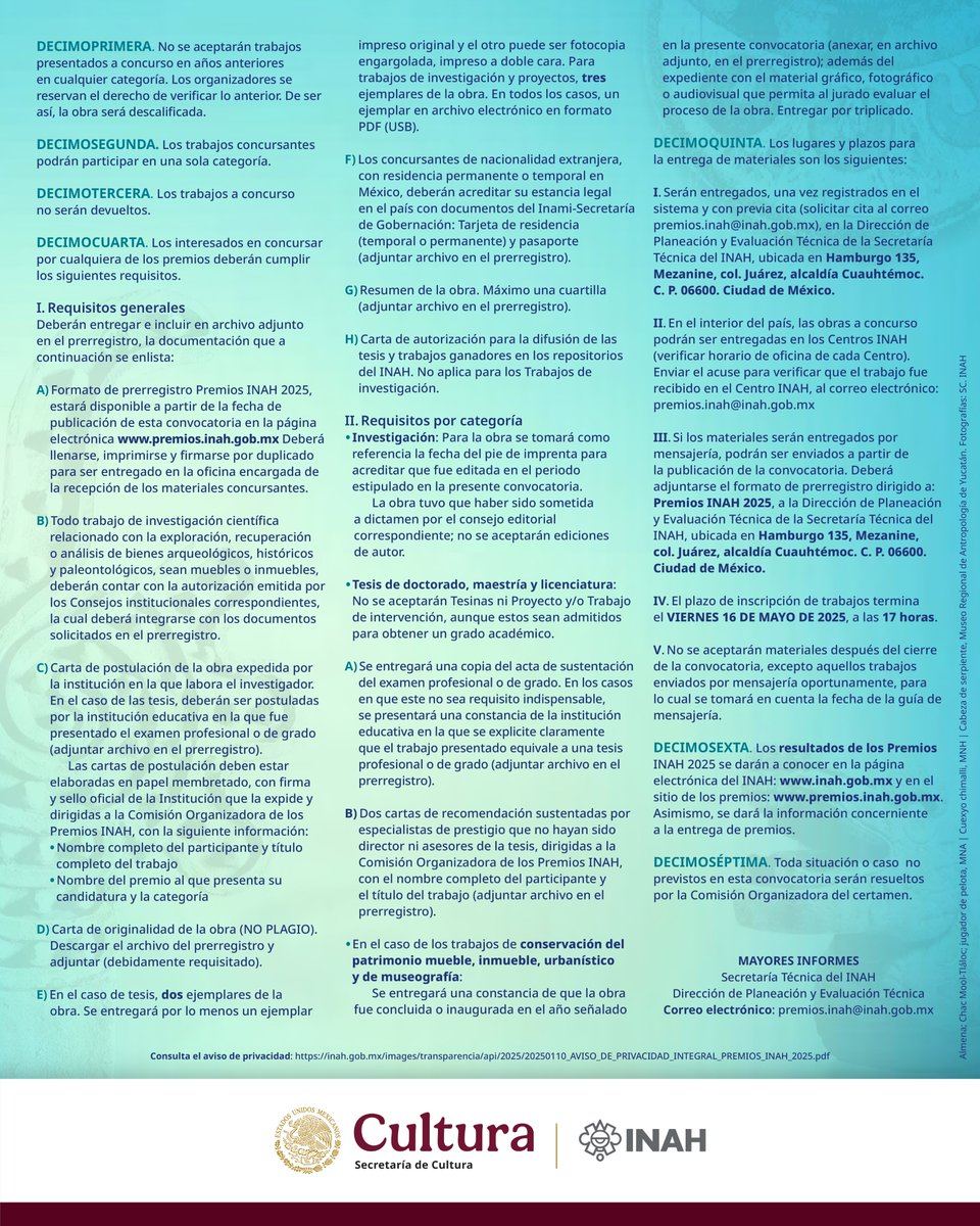 #ENTERATE 📣✅ | Convocatoria abierta de los Premios #INAH edición 2025, celebrando su 40 Aniversario con 8 premios en las diferentes áreas de investigación del instituto. 

Consulta las bases, Inscríbete y no te pierdas esta gran oportunidad.