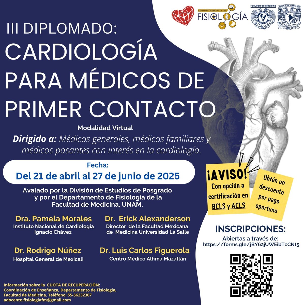❤️Impulsa tu práctica médica con lo último en cardiología 🩺  
 📅 21 al 27 de junio 
 🎓 Incluye opción de certificación BCLS y ACLS
🎯 ¡Descuento por pago anticipado! 
 📩 Informes: adocente.fisiologiafm@gmail.com 
 📞 Tel: 55 56 23 23 67
#DiplomadoCardiología #FormaciónMédica