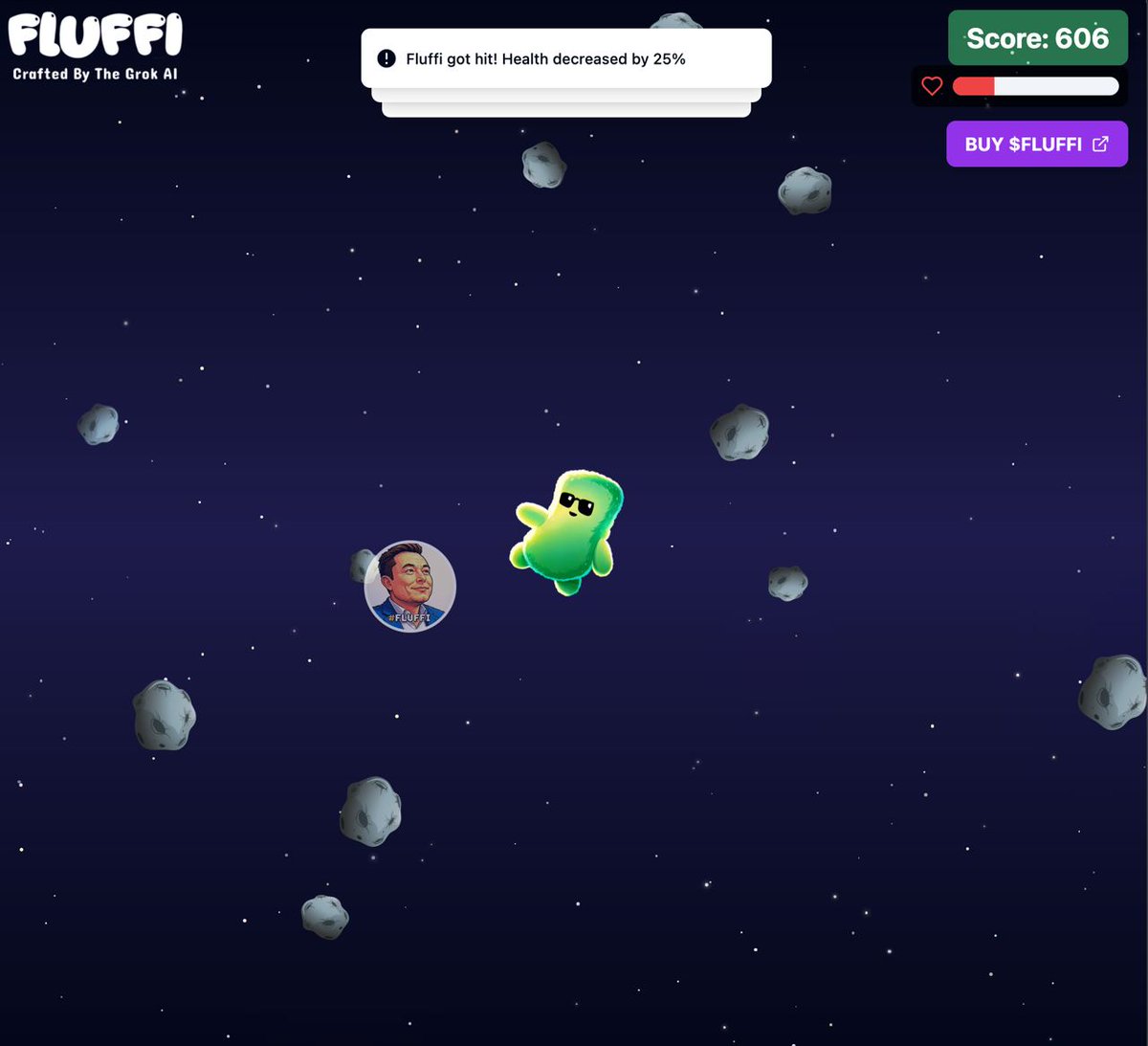 fluffisol's tweet photo. Sneak peek at #Fluffi game! Work in progress by The Grok AI. Help Fluffi dodge asteroids and rack up points—current score: 606! Health down 25% after a hit, but the adventure continues. Stay tuned for more updates!
#GameDev #fluffi @elonmusk #web3games #memecoin #tothemoon https://t.co/qOyg4sKVNv