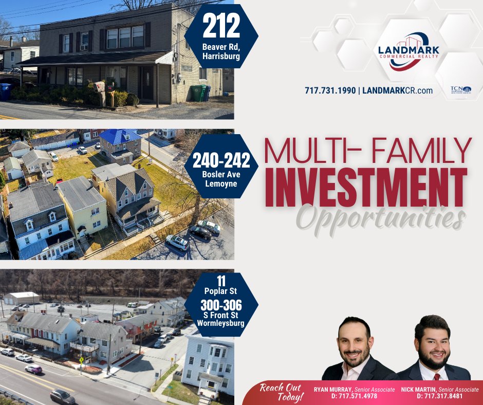 LandmarkCommer1's tweet photo. Considering investing in a Multi-Family Property in the Greater Harrisburg area? #LandmarkCR is excited to showcase three fantastic options, all listed by Ryan Murray! Contact Landmark for all the details today!

#CRE #MultiFamily #Investments #SouthCentralPA https://t.co/H8i6VG6ev3