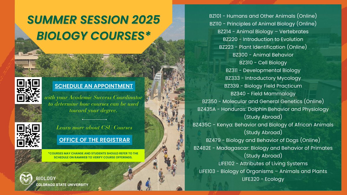 Explore CSU Biology this summer! 🌿 Study online, in the field, or abroad. 🧬🐾 

Learn more + plan your session: summer.colostate.edu #CSUSummer