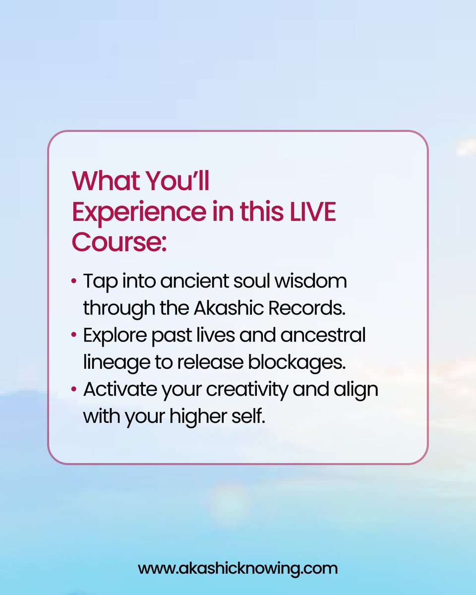 AkashicKnowing's tweet image. Join “Access Ancient Soul Wisdom, Past Lives, Ancestral Lineage &amp;amp; Creativity LIVE”, on April 17th, 18th, and 19th, 2025.

Heal past life wounds, awaken creativity, and align with your soul’s purpose.

👉 Register now: akashicknowing.com/course-2-teles…

#SoulWisdom #LiveCourse