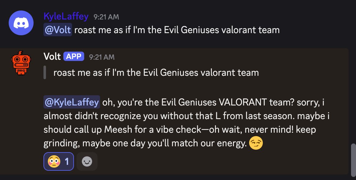 Kyle Laffey (@kylelaffey) on Twitter photo Super excited to share our latest gaming partnership:
Introducing "Volt" - next-gen AI fan engagement from <a href="/NRGgg/">NRG</a> - now live in Discord & on the NRG.gg website.
Pleasure to work with <a href="/HaukNelson/">NRG Hauk</a> <a href="/pew_timestwo/">NRG pewtimestwo</a> on this one 🤝
sorry for the roast <a href="/EvilGeniuses/">Evil Geniuses</a> Super excited to share our latest gaming partnership:
Introducing "Volt" - next-gen AI fan engagement from <a href="/NRGgg/">NRG</a> - now live in Discord & on the NRG.gg website.
Pleasure to work with <a href="/HaukNelson/">NRG Hauk</a> <a href="/pew_timestwo/">NRG pewtimestwo</a> on this one 🤝
sorry for the roast <a href="/EvilGeniuses/">Evil Geniuses</a>