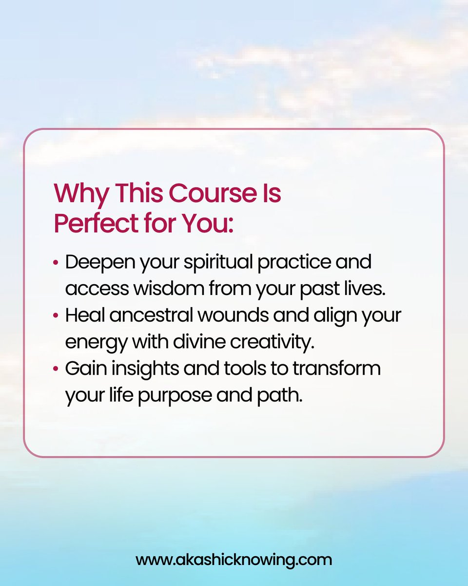 AkashicKnowing's tweet image. Join “Access Ancient Soul Wisdom, Past Lives, Ancestral Lineage &amp;amp; Creativity LIVE”, on April 17th, 18th, and 19th, 2025.

Heal past life wounds, awaken creativity, and align with your soul’s purpose.

👉 Register now: akashicknowing.com/course-2-teles…

#SoulWisdom #LiveCourse