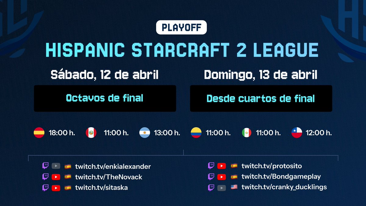 ¡Este finde son las finales de #HSL! 🏆 Retransmitiremos en Twitch y Youtube

📆Sábado, 12 de abril a partir de las 18:00 h: octavos de final

📆Domingo, 13 de abril a partir de las 18:00 h: finales

<a href="/Protosito_SC2/">Protosito</a> <a href="/mariogs92/">Mario García</a> <a href="/BondGameplay/">Bond</a> <a href="/TheNovack/">Manu Chamorro</a> <a href="/CranKyDucklings/">CranKy Ducklings</a> 🤟🏼 #SC2