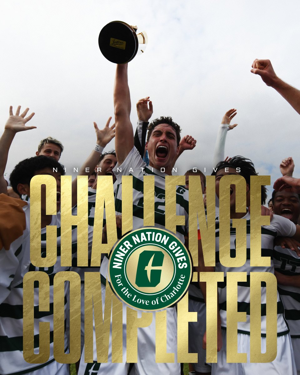 CharlotteMSoc's tweet image. Challenge complete! 💥
Thanks to your support, Proud 49er Alumni Gene ‘73 & Vickie ‘71, ‘82 Johnson’s $5,000 match for Charlotte Men’s Soccer has been unlocked! Every dollar doubled — every goal closer. ⚽💚
#GoldStandard⛏️ x #FTLOC