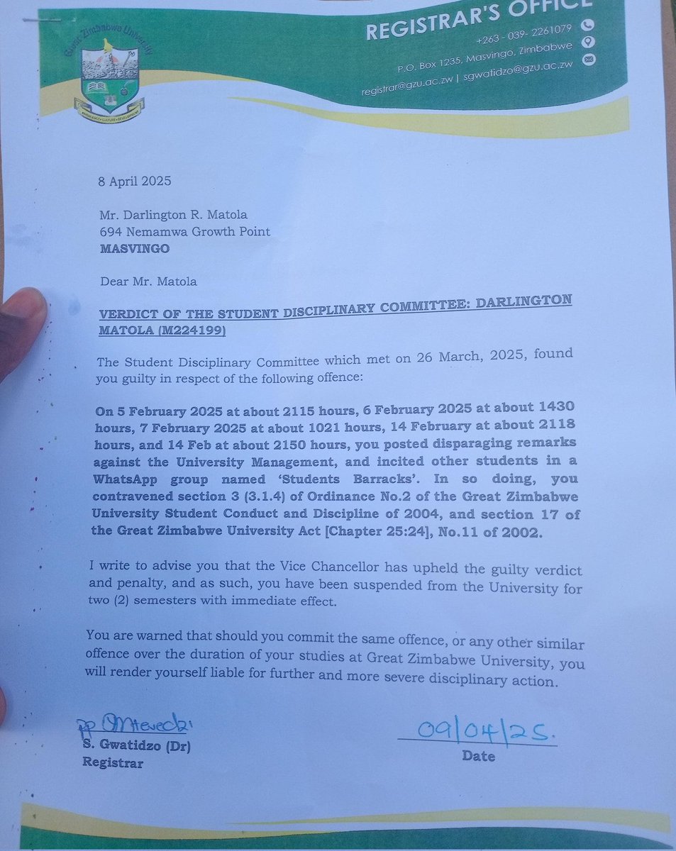 Darlington Matola's suspension is part of the reprehensible drive by the state to subdue one of the few progressive movements left in Zimbabwe. The criminalization of student activism must be fought and condemned. Legally, politically and by all means possible.