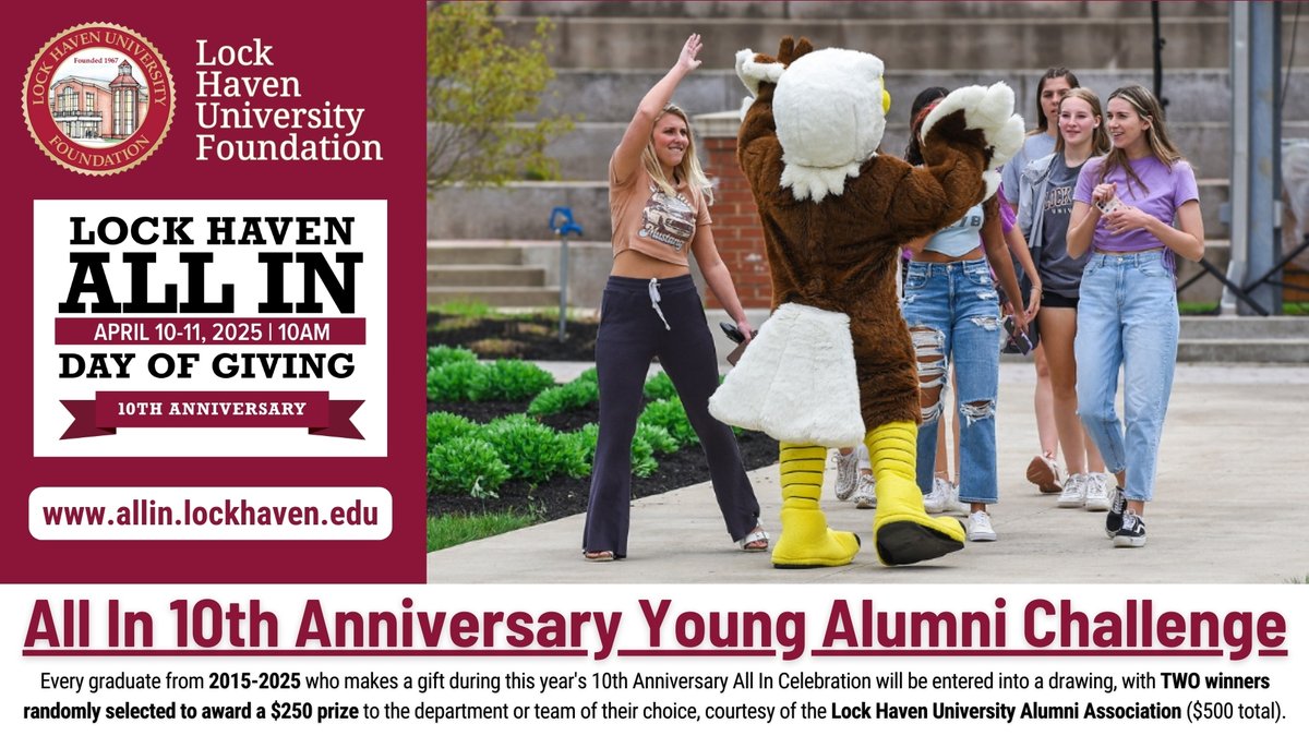 1st-time donor or young alum? Make your 1st gift during All In for a chance to win $500 for your favorite program.

Graduated from 2015-2025? Your just might be one of TWO alumni who awards a $250 prize too

Give now at allin.lockhaven.edu

#LHUALLIN #GiveToLHU #HAVENPROUD