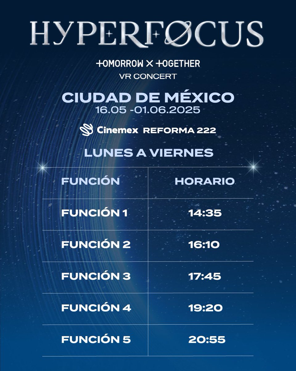 ocesa_kpop's tweet photo. Conoce las fechas, horarios y cines para HYPERFOCUS : TOMORROW X TOGETHER VR CONCERT 🩵🥽
#TOMORROW_X_TOGETHER #TXT
#TXT_VRconcert #VRConcert #AmazeVRConcert #TXTMexico https://t.co/zvhopU2hZQ