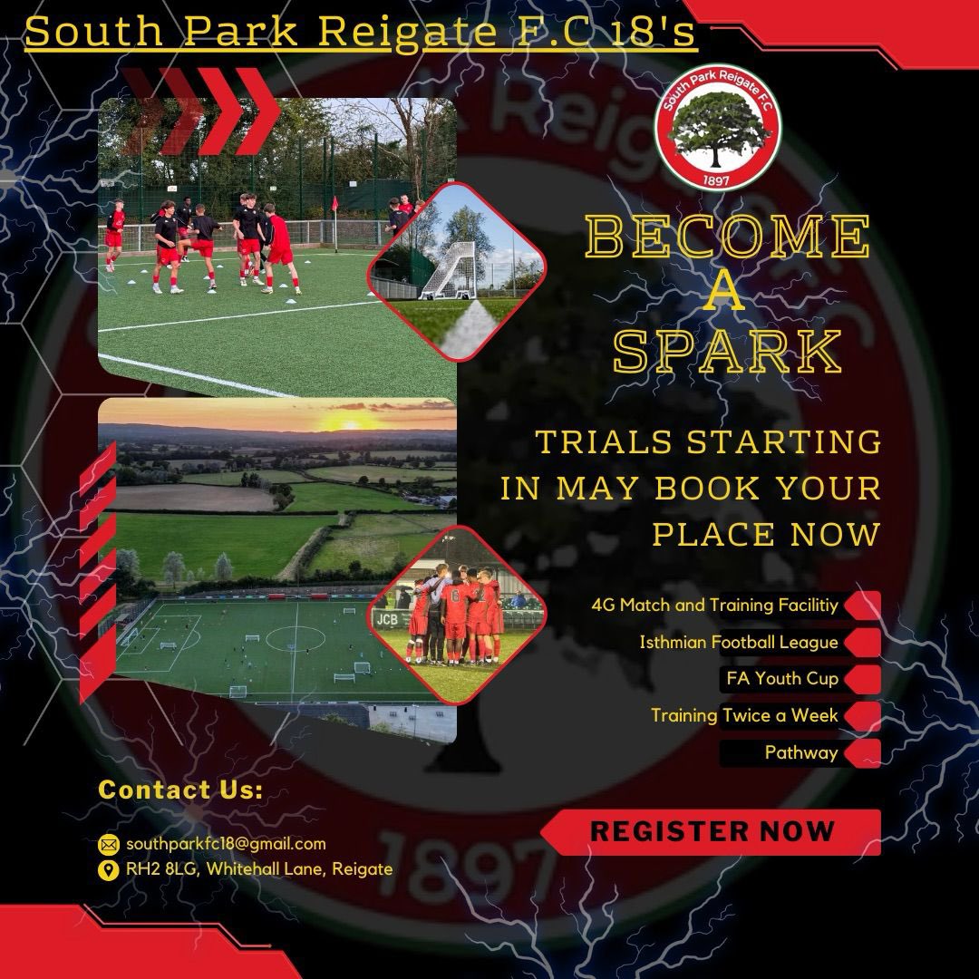 ⚽️ | 𝗨𝗡𝗗𝗘𝗥 𝟭𝟴 𝗧𝗥𝗜𝗔𝗟𝗦

Our 18’s trials are starting in May! Email southparkfc18@gmail.com to book a place or for more info 🤝

❤️💚🌳⚡️

#UptheSparks
#WeareSouthPark