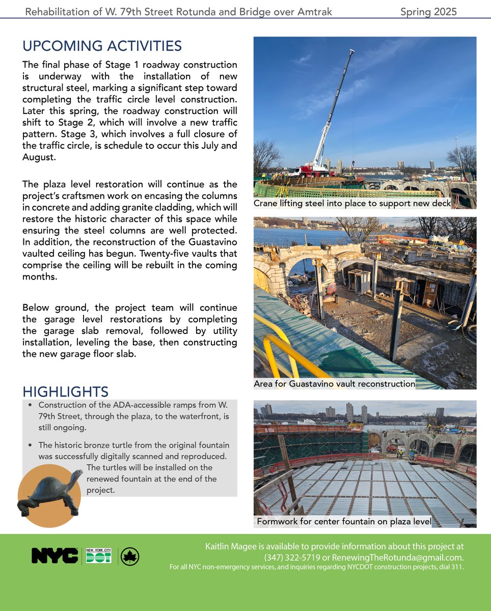 Updates on the <a href="/NYC_DOT/">NYC DOT</a> rehabilitation of the 79th St Rotunda: progress on roadway, plaza and garage levels. 

And the historic bronze 🐢 has been digitally scanned and reproduced. Turtles will adorn the renewed fountain!

Check out the latest newsletter for more details ⬇️