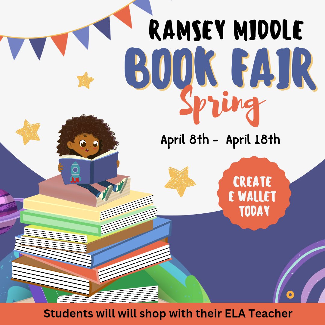 Welcome back Rams!!! 
Our Spring Book Fair is up and running. Each ELA teacher has an assigned day next week to come down with their classes to shop.
Set up e-wallets for your student(s) so they don't have to carry cash. Wallets can be set up using the following link.
