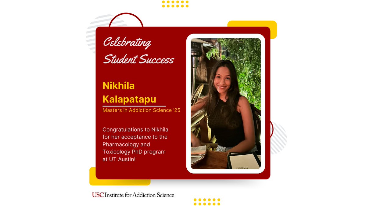 We’re thrilled to celebrate Nikhila Kalapatapu, a standout in our Addiction Science master’s program, who has been accepted into the Pharmacology and Toxicology PhD program at the University of Texas at Austin! (<a href="/UTAustin/">UT Austin</a>)

Join us in congratulating Nikhila on this exciting next