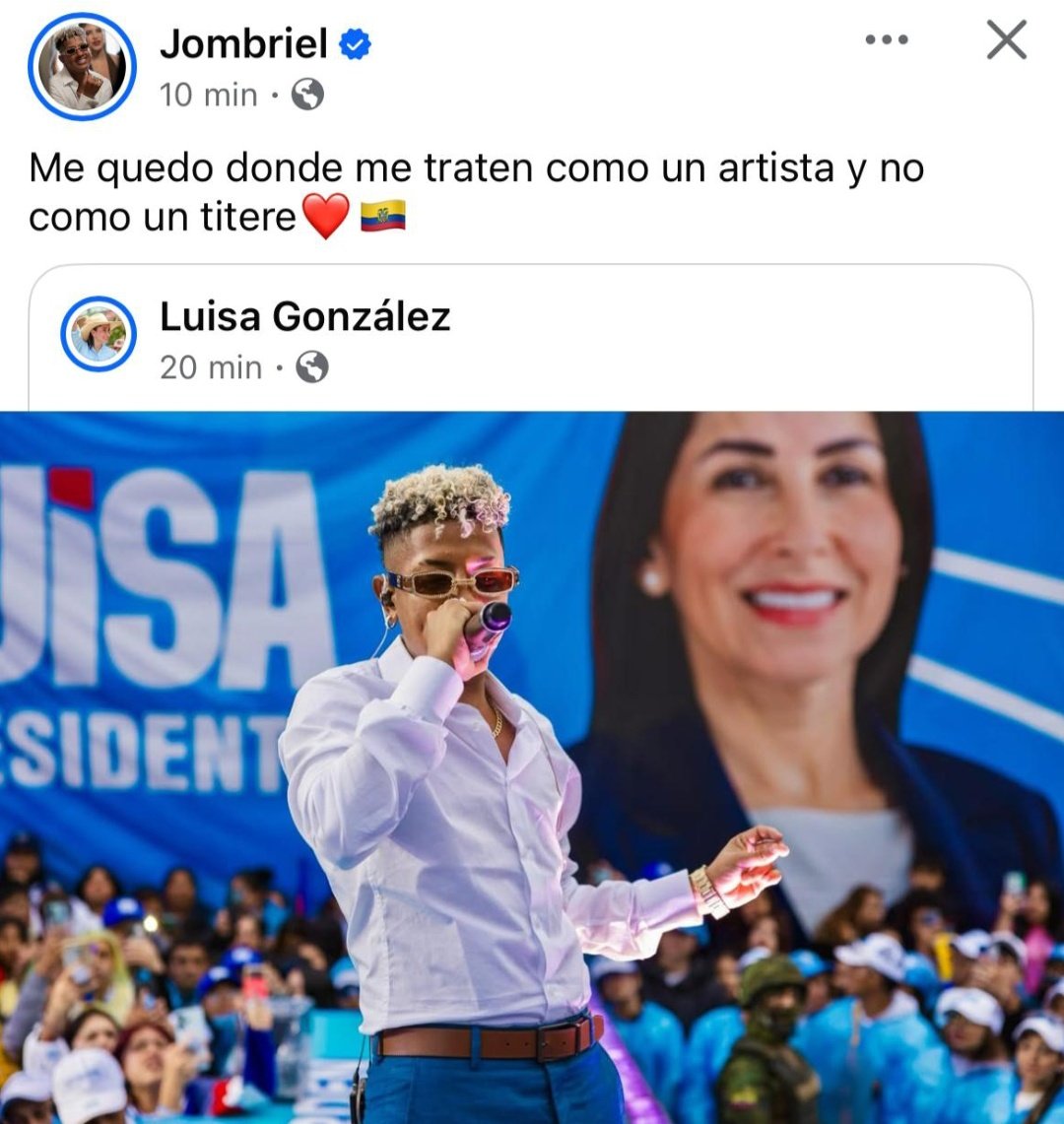 RComunitariosEc's tweet photo. El artista sensación está con #LuisaGonzález

El cantante ecuatoriano Jombriel, agitó las redes tras publicar una foto cantando en un mitin de Luisa González, acompañada de la frase: “Me quedo donde me traten como un artista y no como un títere”. Un dardo directo a Daniel Noboa. https://t.co/aM9NMUnJzr