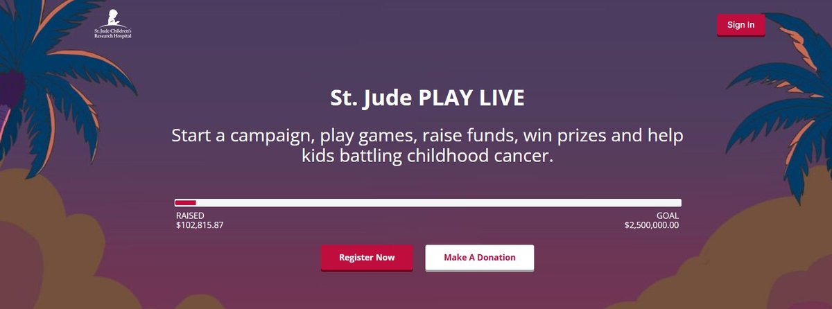 StJudePLAYLIVE's tweet photo. The St. Jude PLAY LIVE community has already surpassed $100k raised for @StJude kids! WOW! 🎉 https://t.co/LBvPx4vfPN
