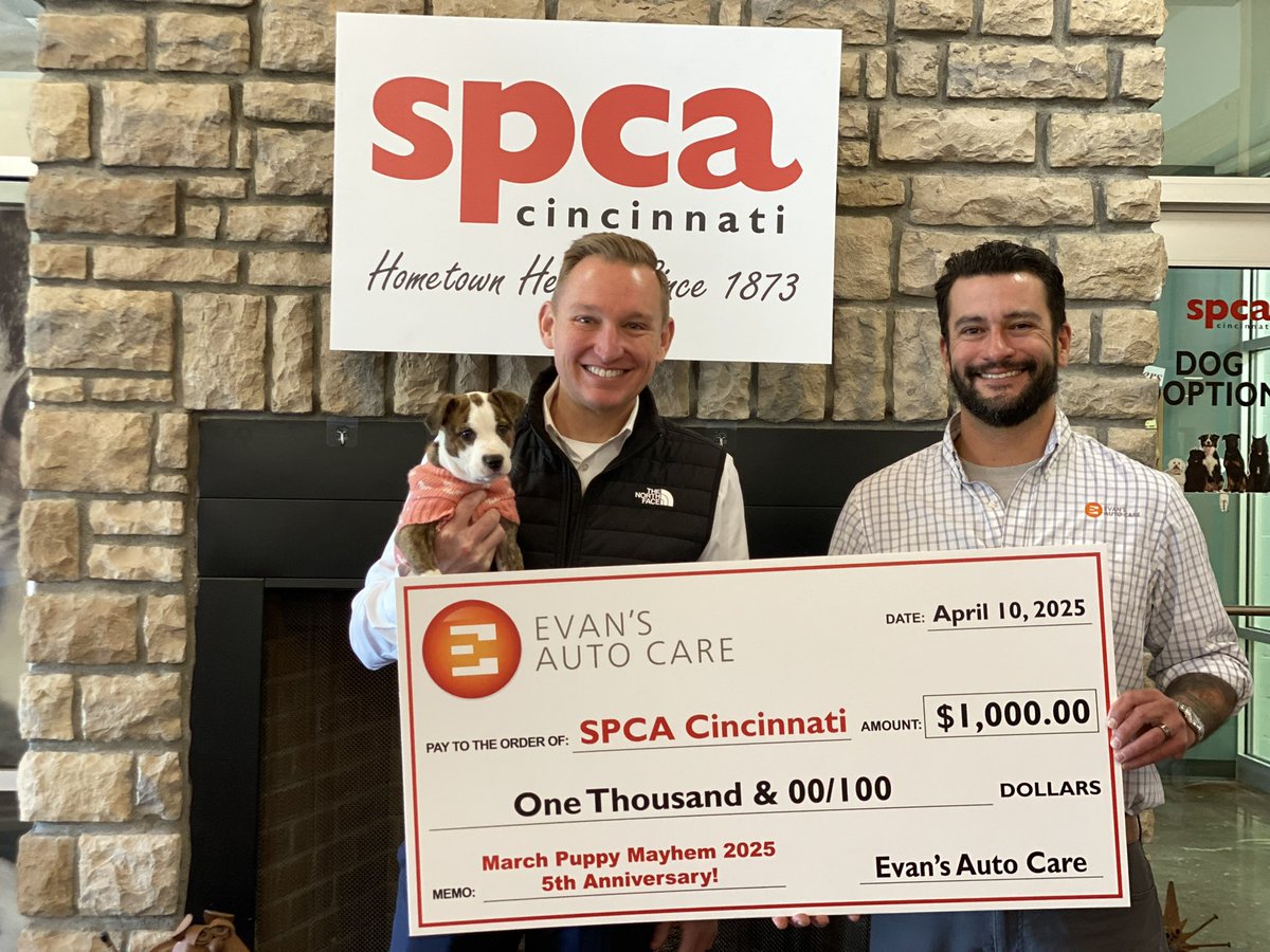 SPCACincinnati's tweet photo. Community. A simple word that holds tremendous meaning to our cause. @evansautocare is a huge part of our community and a friend to the SPCA. #MarchPuppyMayhem is always a big hit! Thank You for rescuing more animals in Greater Cincinnati thru our shelter. #CincinnatiHumane https://t.co/osKYPCUnIb