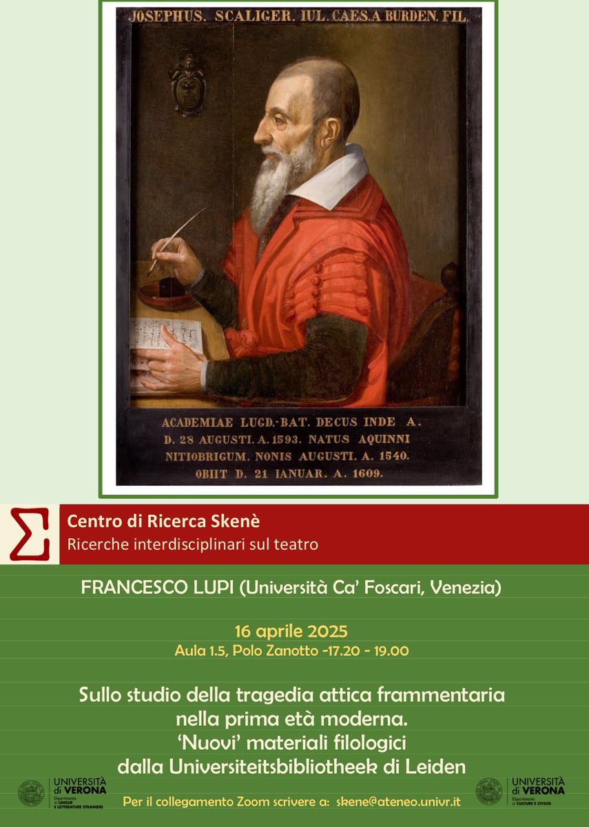 Join us in #Verona or on Zoom on 16 April for Francesco Lupi (<a href="/CaFoscari/">Unive Ca' Foscari</a>)’s talk on #Attic #tragedy and #fragments in the #earlymodern age

➡️ 16 April 2025, 5:20pm - 🇮🇹 
Room 1.5 (Polo Zanotto) and Zoom
➡️ Zoom link: 📧 to skene@ateneo.univr.it