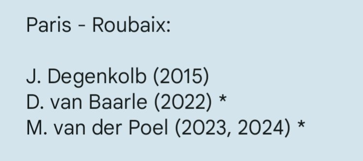 Great Cycling Victories (@gcvictories) on Twitter photo Active riders winners of #ParisRoubaix: <a href="/johndegenkolb/">John Degenkolb</a>, <a href="/DylanvanBaarle/">Dylan van Baarle</a>, <a href="/mathieuvdpoel/">Mathieu Van der Poel</a> (* in 2025 startlist) Active riders winners of #ParisRoubaix: <a href="/johndegenkolb/">John Degenkolb</a>, <a href="/DylanvanBaarle/">Dylan van Baarle</a>, <a href="/mathieuvdpoel/">Mathieu Van der Poel</a> (* in 2025 startlist)