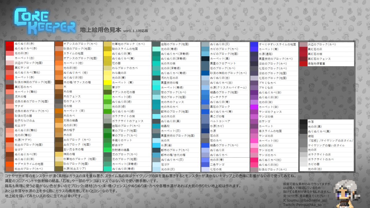 コアキーパー色見本、Ver1.1.1対応版だよ。 地上絵って相当なエンド