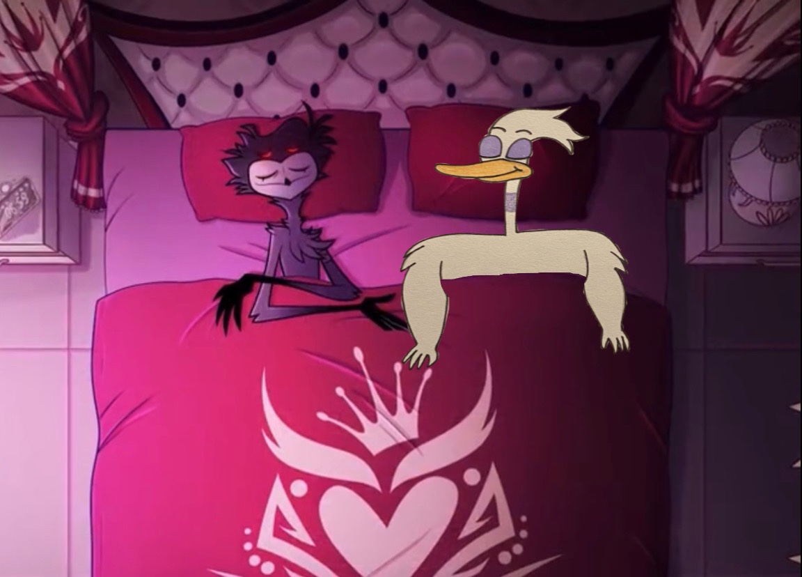 destivona's tweet photo. An edit of that scene from the Helluva Boss episode “Full Moon” with Goose God from Courage the Cowardly Dog sleeping with his lover Stolas. #crossovershipping #shipping #Stolas https://t.co/dh5aw7vMT7