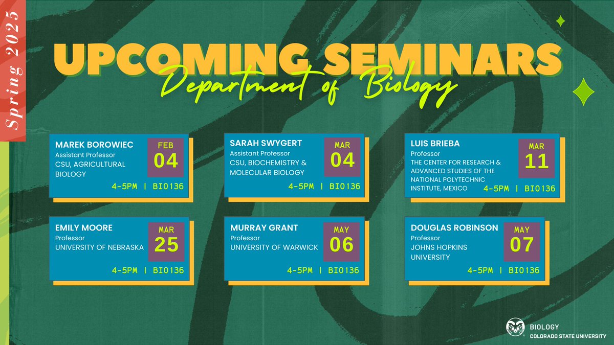 🔬📷 UPDATED: CSU Biology Seminar Series! 📷📷 
Don't miss our last two seminars of the spring semester. We're winding things up with a visit from Dr. Murray Grant and Dr. Douglas Robinson 🌺📢 
Learn more here: col.st/pmxdF
#CSUBiology #CSUBioSeminars
