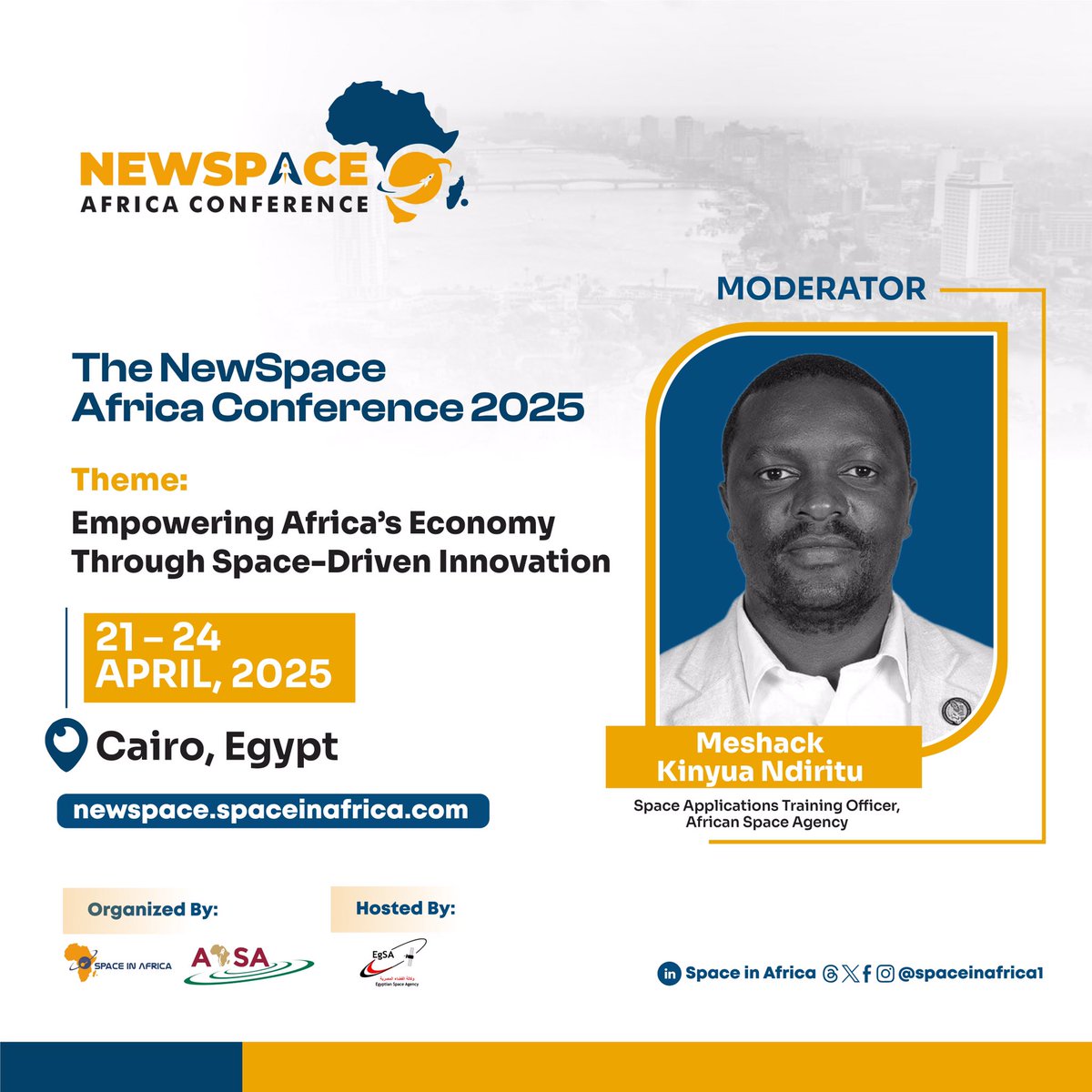 Space In Africa (@spaceinafrica1) on Twitter photo We are excited to welcome Meshack Kinyua Ndiritu, Space Applications Training Officer, African Space Agency <a href="/AfSA_AU/">African Space Agency</a>, as a moderator at the NewSpace Africa Conference 2025!
Meshack is an engineer in Space and Emerging Technologies. #newspaceafrica2025 We are excited to welcome Meshack Kinyua Ndiritu, Space Applications Training Officer, African Space Agency <a href="/AfSA_AU/">African Space Agency</a>, as a moderator at the NewSpace Africa Conference 2025!
Meshack is an engineer in Space and Emerging Technologies. #newspaceafrica2025