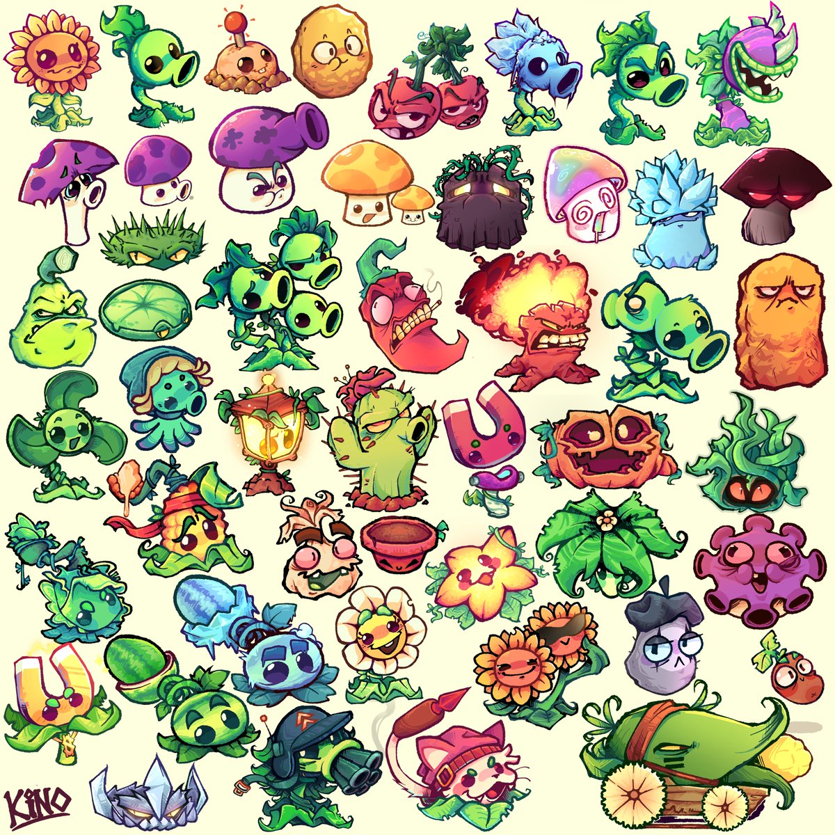 kinomotoroka's tweet photo. Finally, I drew all the playable plants in #pvsz 1 https://t.co/nfTcSMbVa2