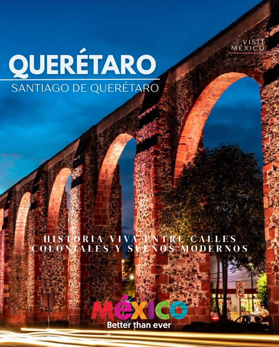 VisitMex's tweet photo. 🏰 Historia viva entre calles coloniales y sueños modernos
📍 Santiago de Querétaro, Querétaro, México

🌟 En el corazón del Bajío, Santiago de Querétaro brilla con elegancia colonial, modernidad vibrante y una historia que marcó el rumbo de todo un país. Su centro histórico, Patrimonio Mundial de la UNESCO, te envuelve con callejones empedrados, templos majestuosos y casonas llenas de encanto.

🕊️ Fue aquí donde se gestaron ideas de independencia y libertad, y donde aún se respira ese espíritu valiente entre sus museos, plazas y monumentos.

🍷 A pocos kilómetros, el arte del vino y el queso se vive en sus viñedos y haciendas, mientras que su gastronomía y hospitalidad hacen de esta ciudad un destino completo, ideal para descubrir, aprender y enamorarse.

-

🏰 Living history among colonial streets and modern dreams
📍 Santiago de Querétaro, Querétaro, Mexico

🌟 In the heart of central Mexico, Santiago de Querétaro shines with colonial elegance, vibrant modernity, and a history that helped shape the nation. Its historic center, a UNESCO World Heritage Site, enchants with cobblestone alleys, grand churches, and charming mansions.

🕊️ This is where ideas of independence and freedom took root, and that bold spirit still echoes through its museums, plazas, and historic landmarks.

🍷 Just outside the city, you’ll find vineyards and haciendas where wine and cheese are an art form. Combined with rich cuisine and warm hospitality, Querétaro is the perfect destination to explore, learn, and fall in love.

#VisitMexico #Querétaro #SantiagoDeQuerétaro #ColonialMexico #UNESCOHeritage #MexicoBetterThanEver