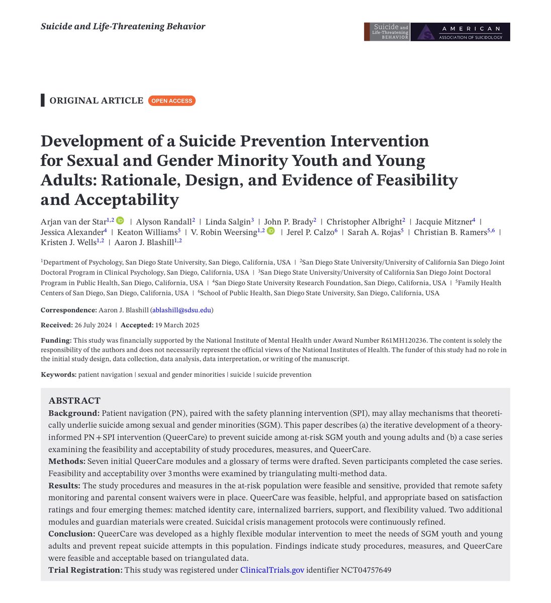 The development and refinement of our Queer CARE suicide prevention intervention for LGBTQ youth and young adults, out now in the journal Suicide &amp; Life-Threatening Behavior.

Read more here: doi.org/10.1111/sltb.7…