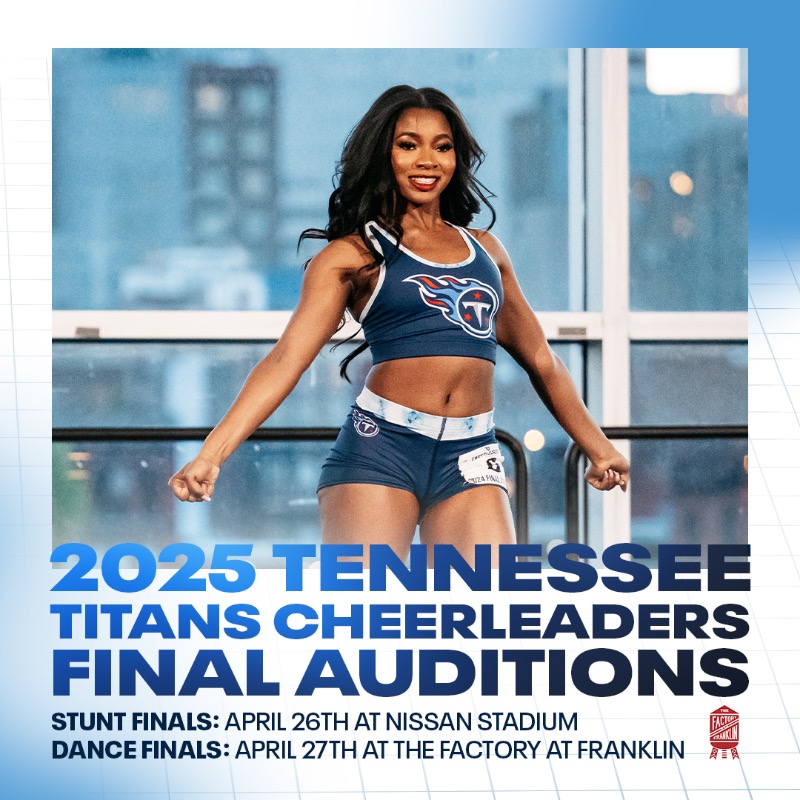 Tennessee Titans (@titans) on Twitter photo The final round of Titans Cheer auditions are being held on April 26th & 27th and are open to the public! Get your tickets below 🎟️
4/26 stunt finals at <a href="/NissanStadium/">Nissan Stadium</a> » bit.ly/44mxznI
4/27 dance finals at The Factory at Franklin » bit.ly/42l8nvb The final round of Titans Cheer auditions are being held on April 26th & 27th and are open to the public! Get your tickets below 🎟️
4/26 stunt finals at <a href="/NissanStadium/">Nissan Stadium</a> » bit.ly/44mxznI
4/27 dance finals at The Factory at Franklin » bit.ly/42l8nvb