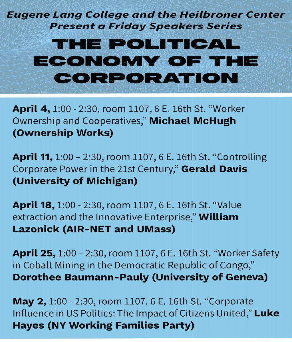 Eugene Lang College (@eugenelang) on Twitter photo Please join us for a presentation by Gerald Davis (University of Michigan) on Controlling Corporate Power in the 21st Century.
📅 April 11 @ 1PM EDT
🔗event.newschool.edu/controllingcor…
#NerdyLang #LiberalArts #TheNewSchool Please join us for a presentation by Gerald Davis (University of Michigan) on Controlling Corporate Power in the 21st Century.
📅 April 11 @ 1PM EDT
🔗event.newschool.edu/controllingcor…
#NerdyLang #LiberalArts #TheNewSchool