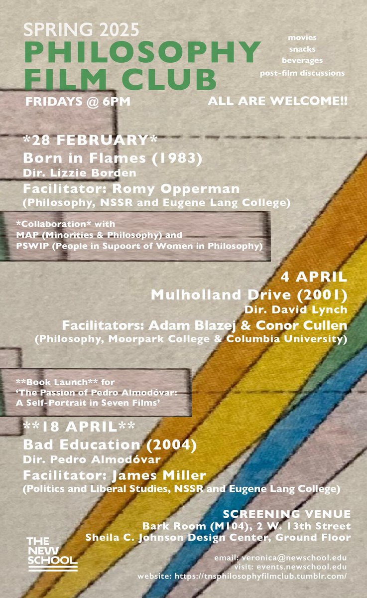 Eugene Lang College (@eugenelang) on Twitter photo All are welcome at the Philosophy Film Club's Screening of Bad Education (2004)!
📅 April 18 @ 6PM
🔗event.newschool.edu/philosophy-fil…
#NerdyLang #LiberalArts #TheNewSchool All are welcome at the Philosophy Film Club's Screening of Bad Education (2004)!
📅 April 18 @ 6PM
🔗event.newschool.edu/philosophy-fil…
#NerdyLang #LiberalArts #TheNewSchool