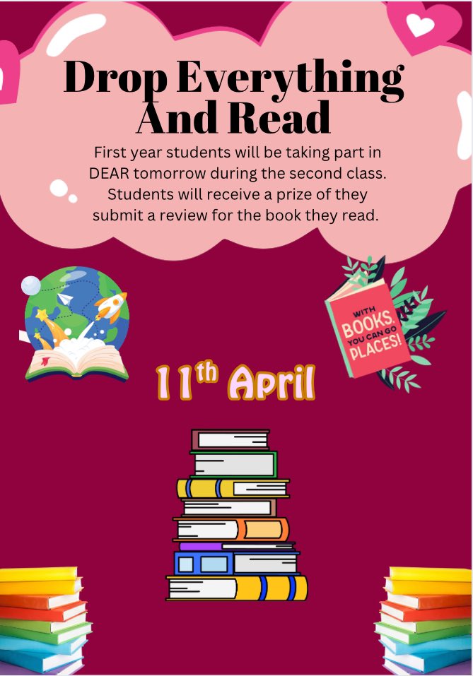 Firhouse_cc's tweet photo. 📚📖Thanks to Ms Delagic for organising Drop Everything and Read for the 1st Yrs tomorrow during the 2nd class. Students have picked books from the library or else can bring in a book they are reading. They can submit a review to Ms Lyons for a prize after Easter📖📚
@ddletb https://t.co/id6pnzuaUY