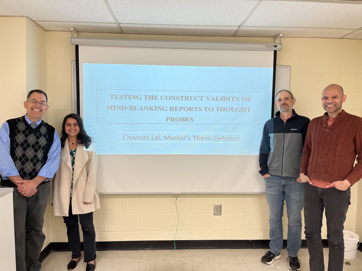 Congratulations to <a href="/UNCG/">UNCG</a>'s Chandni Lal on her successful 4/8 MA thesis defense!
Title: Testing the construct validity of mind-blanking reports to thought probes
Committe: Michael Kane (Chair), Paul Silvia, Robert Wiley