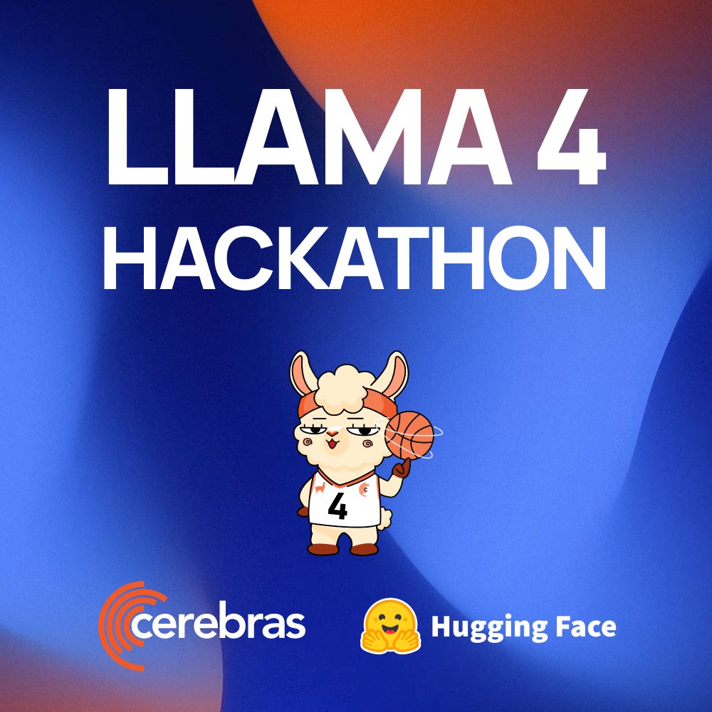 cerebras's tweet photo. Our partnership with @huggingface allows developers to unlock new possibilities for real-time agents, code-generation tools, multilingual assistants, and more. Get instant access to the fastest open-weight inference on the planet—including @AIatMeta Llama 4 on the Cerebras Inference Cloud.
We are excited to present the Cerebras and Hugging Face Llama 4 Hackathon! You'll have an 8-hour window to build something amazing (and fast) with Cerebras inference for the new Llama 4 models!
📷 Join the hackathon: https://t.co/dn8FmwPmsU