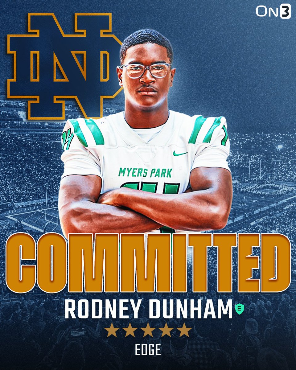 🚨BREAKING🚨 Five-star EDGE Rodney Dunham has announced his commitment to Notre Dame over Georgia, Tennessee and others ☘️

What an absolutely massive pickup for the Fighting Irish.

Story: on3.com/teams/notre-da…

Experts react: on3.com/teams/notre-da…