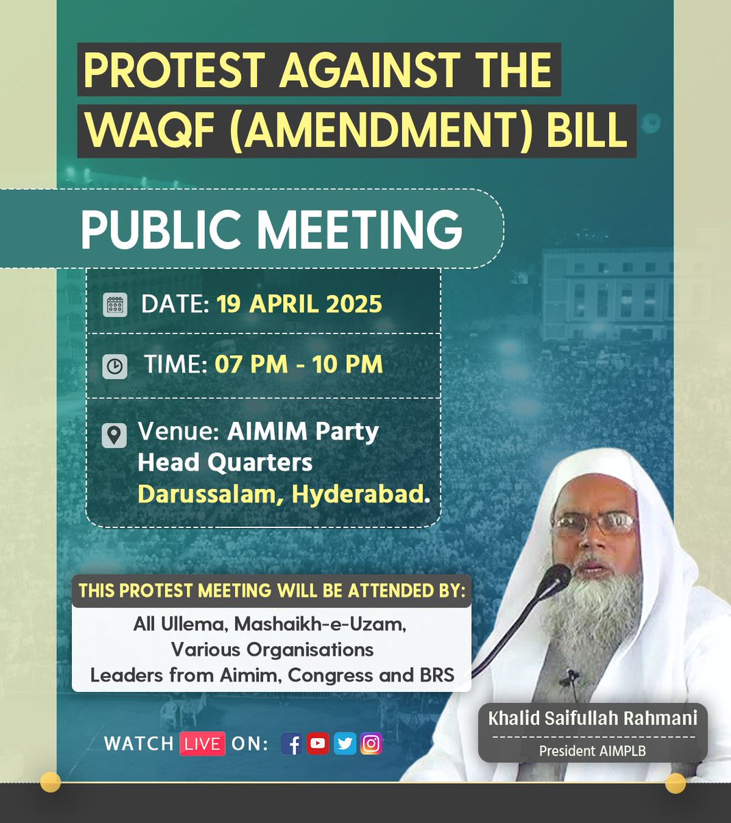 AIMIM (@aimim_national) on Twitter photo .<a href="/AIMPLB_Official/">All India Muslim Personal Law Board</a> ki janib se aainda 19th April (Saturday) ko baad Namaz-e-Maghrib shaam 7 baje "Waqf Qanoon" ke khilaf Darussalam Ground (Hyderabad) mein Ehtejaaji Jalsa Mun'aqid kiya gaya hai. Jiski Sadarat Muslim Personal Law Board ke Sadar Maulana <a href="/hmksrahmani/">Khalid Saifullah Rahmani</a> Sahab karenge. .<a href="/AIMPLB_Official/">All India Muslim Personal Law Board</a> ki janib se aainda 19th April (Saturday) ko baad Namaz-e-Maghrib shaam 7 baje "Waqf Qanoon" ke khilaf Darussalam Ground (Hyderabad) mein Ehtejaaji Jalsa Mun'aqid kiya gaya hai. Jiski Sadarat Muslim Personal Law Board ke Sadar Maulana <a href="/hmksrahmani/">Khalid Saifullah Rahmani</a> Sahab karenge.