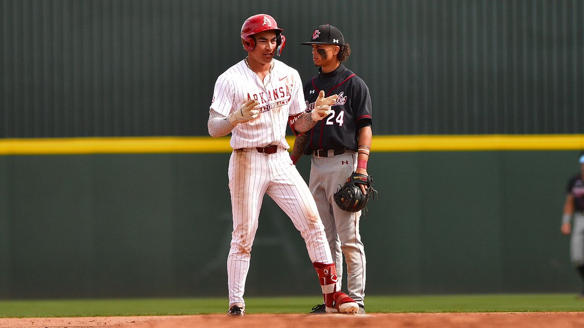 d1baseball's tweet photo. .@RazorbackBSB's offense is putting up NUMBERS in @SEC play, leading the league in:

- AVG (.361)
- OBP (.459) 
- SLG (.650) 
- OPS (1.109) 
- Runs (138) 
- Hits (155)
- HR (33)

@marketheridge looks into the rest of the SEC-only stat leaders ⤵️ https://t.co/tHL7XaSY3y