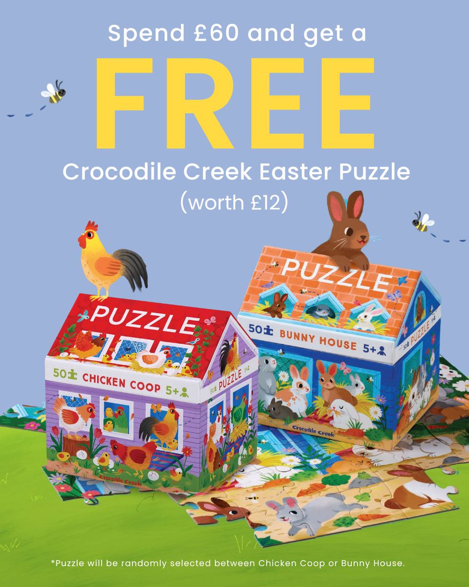 🐣 Spend £60 and get a FREE Crocodile Creek Easter Puzzle worth £12! 🧩
Perfect for keeping little ones entertained over the Easter holidays.
You’ll receive either the Chicken Coop or Bunny House design, chosen at random 🐔🏠🐰