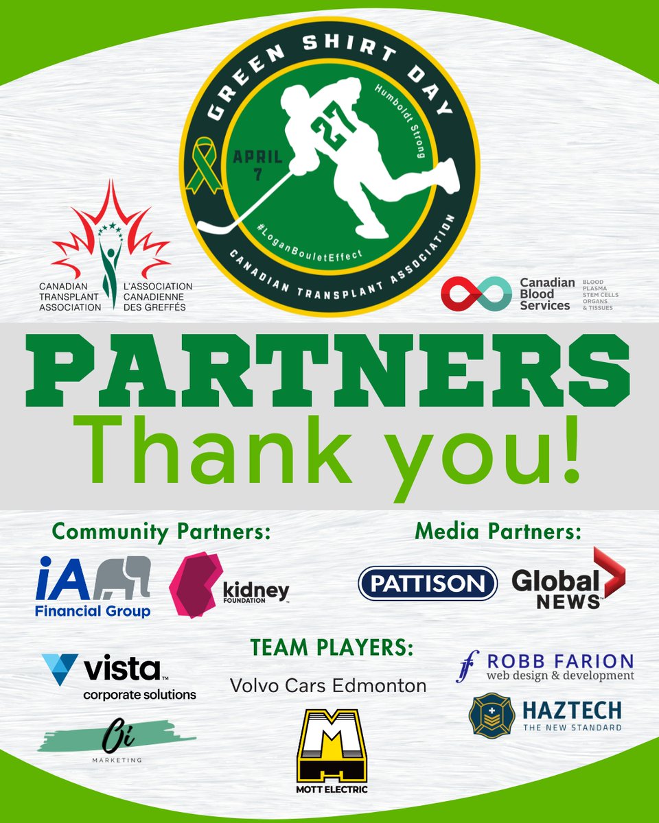 💚 A Heartfelt Thank You to our Green Shirt Day Partners 💛

Today, we take a moment to extend our deepest gratitude to the incredible partners who continue to stand beside us in honouring Logan Boulet’s legacy and championing the life-saving cause of organ and tissue donation.