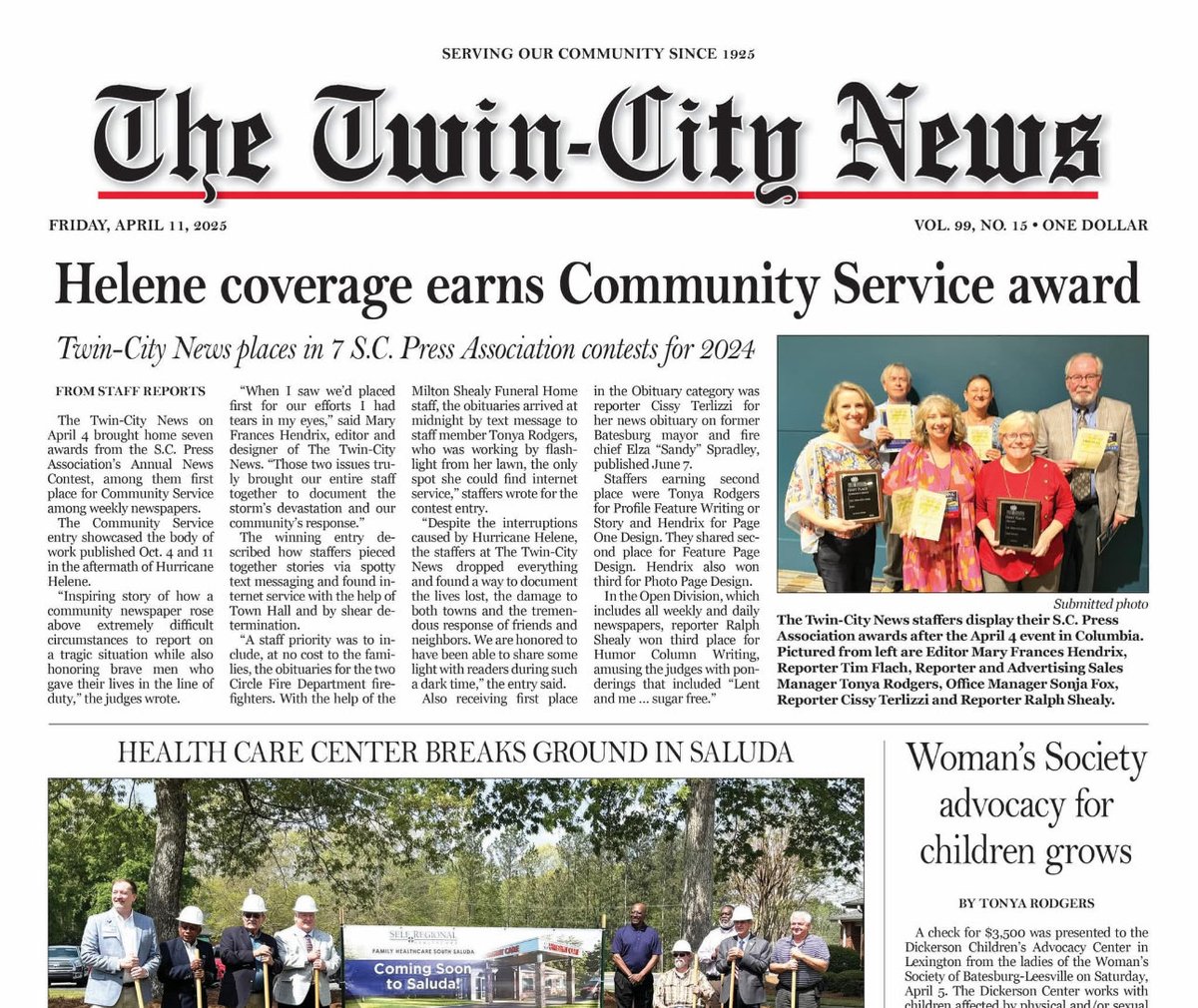 Awfully proud of my wife &amp; her Twin-City News colleagues on their awards last week from <a href="/SCPressAssoc/">SC Press Association</a>. Especially well-deserved Community Service recognition. Great job telling the stories of a region coming together to deal w/a terrible situation following #Helene. Kudos!